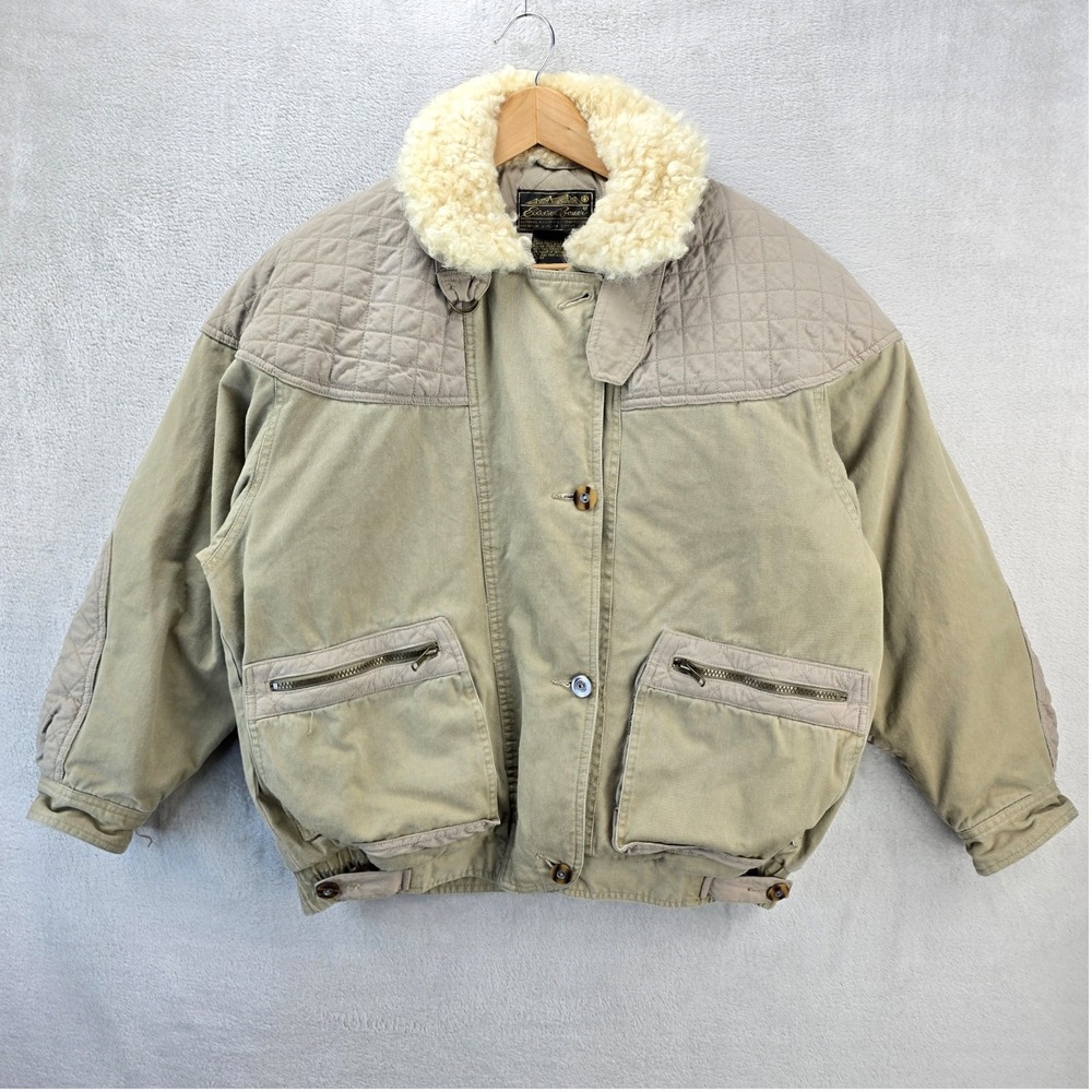 Vintage Eddie Bauer Goose Down Bomber Jacket Womens Medium Beige Sherpa Collar